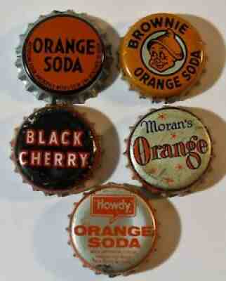 Lot #4 / 5 Cork Lined Bottle Caps / 4 Orange Soda. 1 Black Cherry