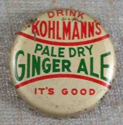 Vintage 1940s Kohlmanns Pale Dry Ginger Ale Beaver Falls, PA Soda Cork Lined Cap