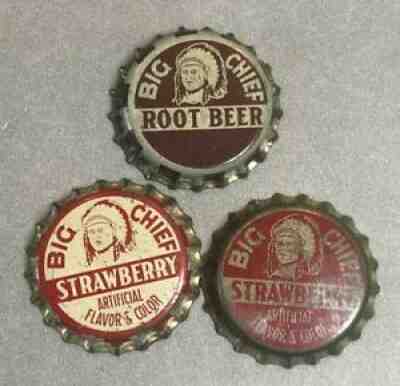 BIG CHIEF Strawberry ROOT BEER Soda Bottle CORK CROWN Cap Vintage Advertising