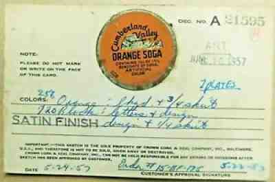 CUMBERLAND VALLEY ORANGE soda bottle cap PROOF ON CARD Seven-Up Corbin KY