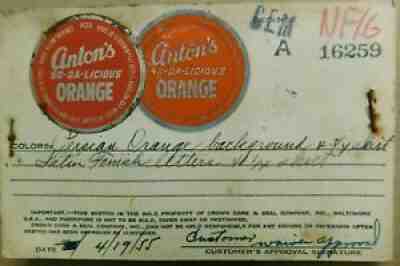 ANTON'S SO-DA-LICIOUS ORANGE soda bottle cap PROOF ON CARD Hannibal MO Missouri
