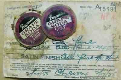 PROGRESSIVE GRAPE soda bottle cap PROOF [2] ON CARD Chicago IL Illinois 1955