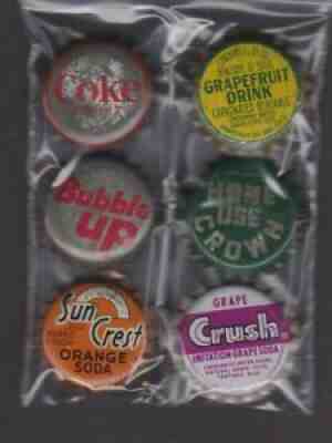 6 Vintage Soda Bottle Caps SUN CREST ORANGE, BUBBLE UP, COKE, GRAPE CRUSH ETC.
