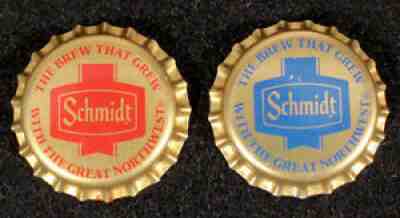 2 SCHMIDT RED & BLUE PLASTIC LINED BEER BOTTLE CAP ST PAUL MINNESOTA CROWN JACOB