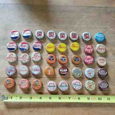 40 mixed cork line bottle cap lot Pepsi Coke Hires Root Beer 7UP Mountain Dew +