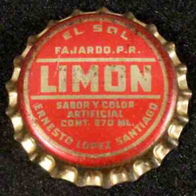 LIMON CORK LINED SODA BOTTLE CAP CROWNS ERNESTO SANTIAGO FAJARDO PUERTO RICO PR+