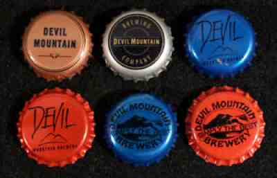 6 DEVIL MOUNTAIN PLASTIC BEER BOTTLE CAP CRAFT CROWNS MICRO BREW BENICIA, CALIF.