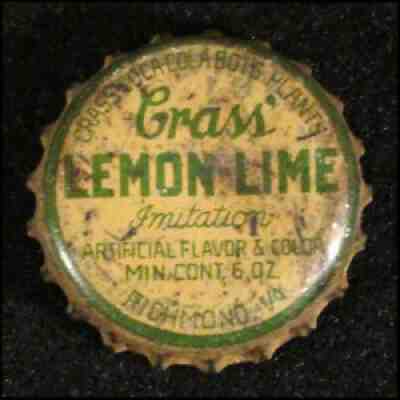 CRASS LEMON-LIME SODA CORK LINED BOTTLE CAP COCA-COLA RICHMOND VIRGINIA VA CROWN