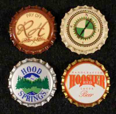 4 CRAFT/MICRO PLASTIC BEER BOTTLE CAP CROWN HOOD SPRINGS HOOSIER HIDDEN RIVER RH