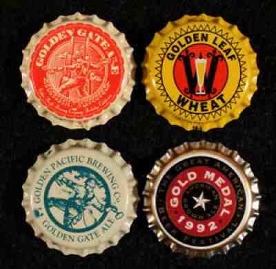 4 CRAFT/MICRO PLASTIC BEER BOTTLE CAP CROWN GOLDEN GATE ALE LEAF WHEAT '92 MEDAL