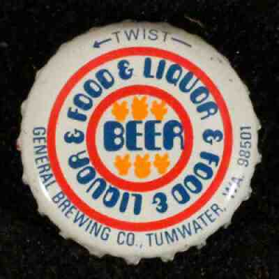 FOOD & LIQUOR PLASTIC LINED BEER BOTTLE CAP CROWN OLYMPIA TUMWATER WASHINGTON WA