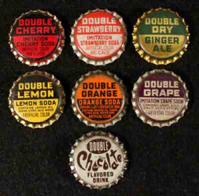 7 DOUBLE COLA UNUSED CORK LINED BOTTLE CAP VINTAGE CROWNS CHOCOLATE ORANGE GRAPE