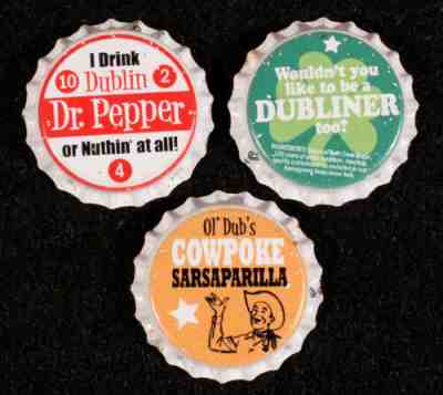 3 DR. PEPPER PLASTIC SODA BOTTLE CAP CROWN DUBLIN TEXAS COWPOKE SARSAPARILLA TEX