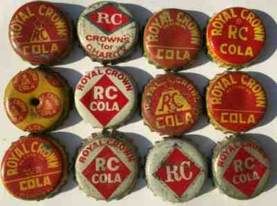 12 DIFF. ROYAL CROWN RC COLA SODA BOTTLE CAPS; USED CORK