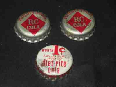 3 RC COLA DIET RITE CAPS Soda Pop CORK TOP Vintage Royal Crown 1 Cent Sav A SEAL