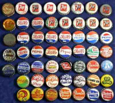Soda Bottle Caps Pepsi Cola 7up Christin with Cork Lining Crown Lot of 54 #18007