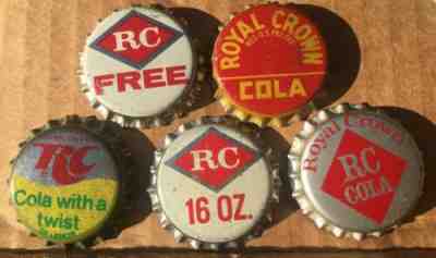 5 DIFF. RC ROYAL CROWN COLA SODA BOTTLE CAPS; UNUSED CORK