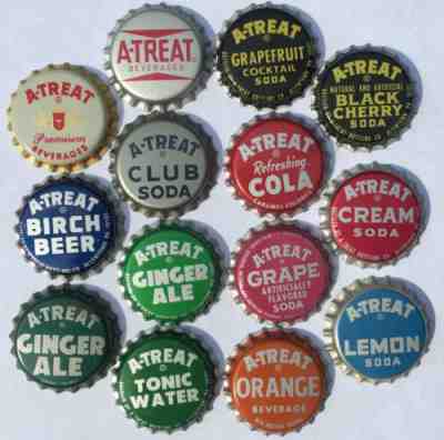 14 DIFF. A-TREAT SODA BOTTLE CAPS; ALLENTOWN, PA; UNUSED VINYL-LINED CROWNS