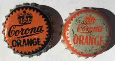 2 DIFF. CORONA ORANGE SODA BOTTLE CAPS; VERDUN, QUEBEC, CANADA USED CORK CROWNS