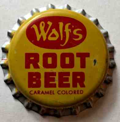 WOLF ROOT BEER SODA BOTTLE CAP; HARRISBURG, ILL.; UNUSED, PLASTIC-LINED CROWN
