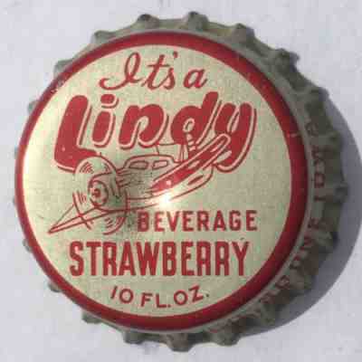 LINDY STRAWBERRY SODA POP BOTTLE CAP; BOONE, IOWA; USED CORK CROWN, airplane