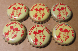 6 MOUNTAIN DEW SODA CORK BOTTLE CAP CROWNS EARLY LARGE HILLBILLY DEW MAN