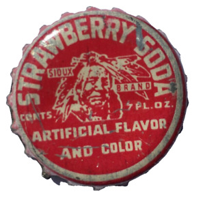 SIOUX BRAND STRAWBERRY SODA BOTTLE CAP; SIOUX FALLS, SD; USED CORK CROWN, Indian