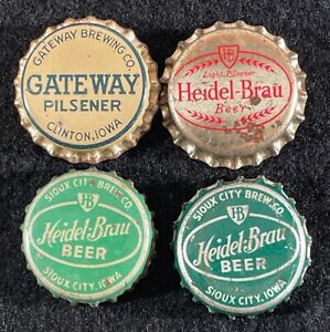 4 IOWA CORK LINED BEER BOTTLE CAPS HEIDEL-BRAU GATEWAY SIOUX CITY VINTAGE CROWNS
