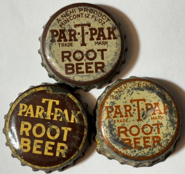 3 DIFF. PAR-T-PAK ROOT BEER SODA BOTTLE CAPS; USED CORK-LINED CROWNS