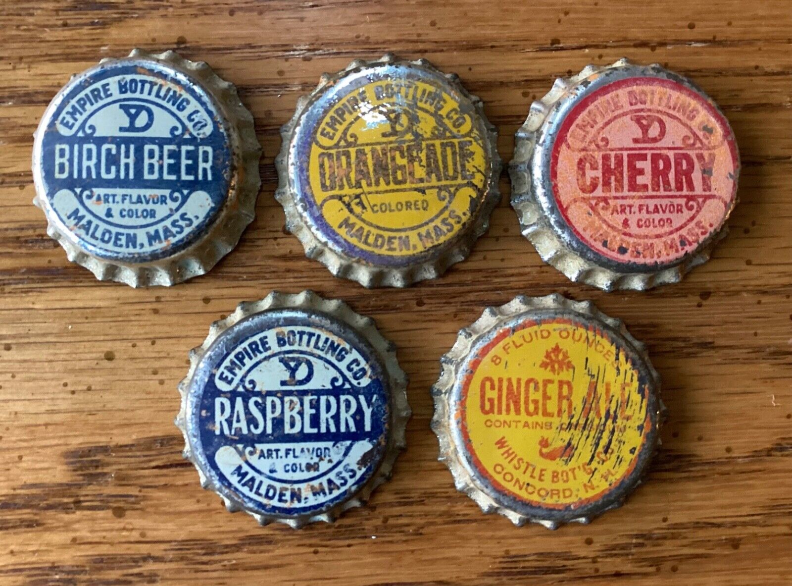 5 Old Soda Bottle Caps Cork Back Crowns Malden Mass Empire Bottling Diff Flavors