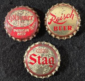 3 ILLINOIS CORK BEER BOTTLE CAP OLTIMER 3.2% REISCH STAG VINTAGE CROWNS ANTIQUES