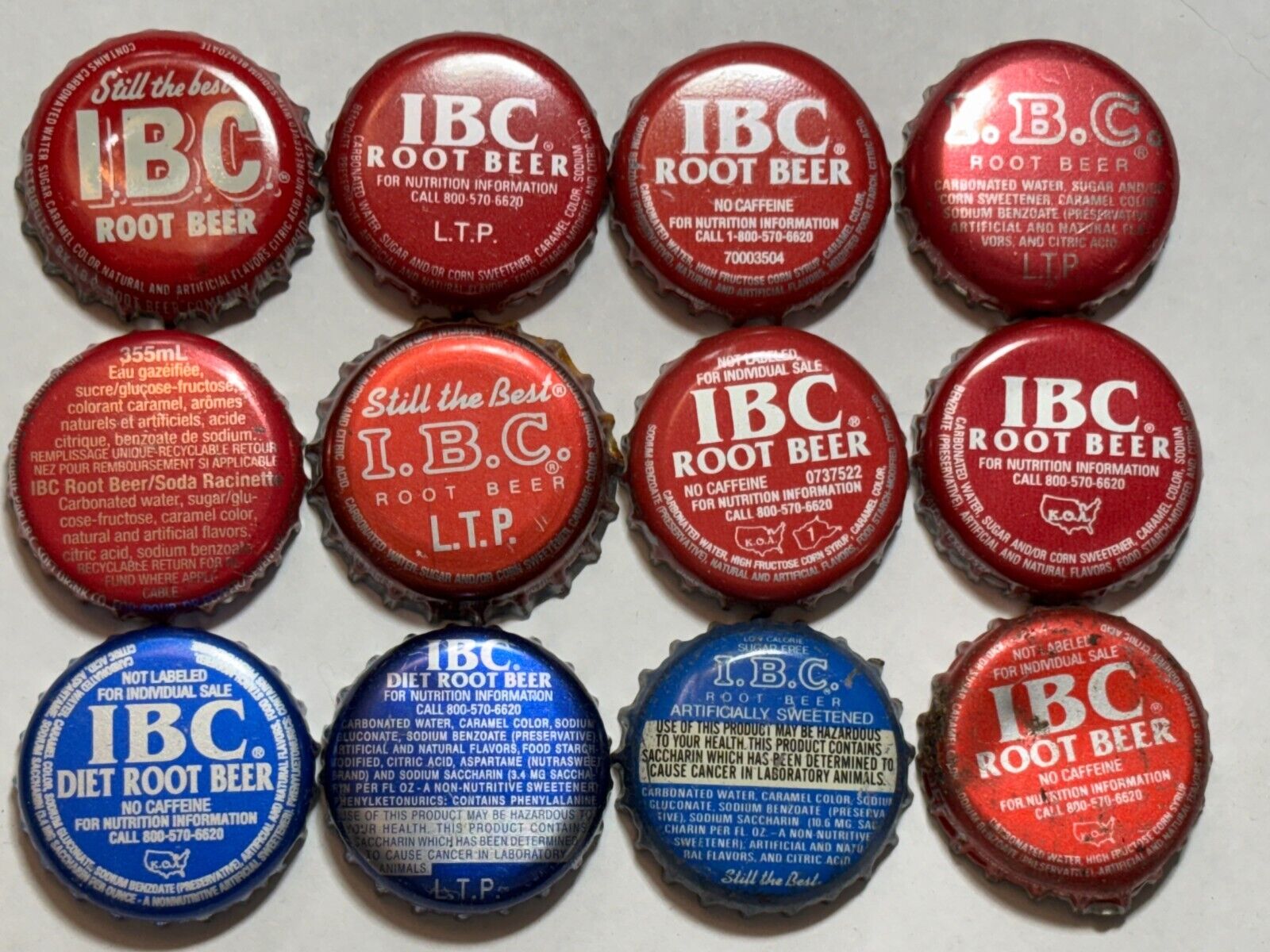 12 DIFF. I.B.C. ROOT BEER SODA BOTTLE CAPS; USED VINYL-LINED CROWNS