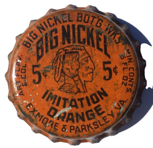 BIG NICKEL 5¢ ORANGE SODA BOTTLE CAP; EXMORE & PARKSLEY, VA; USED CORK CROWN
