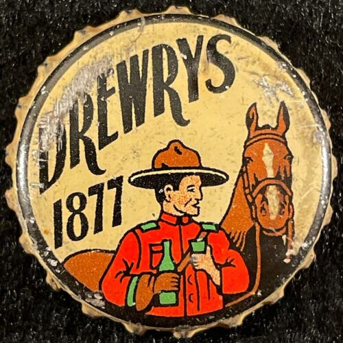 DREWRYS •1877 MOUNTIE & HORSE• CORK BEER BOTTLE CAP SOUTH BEND INDIANA OLD CROWN