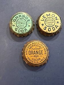 3 Rare Arizona Bottling Works Orange Soda Bottle Cap Crown Cork Back 1915 Lemon