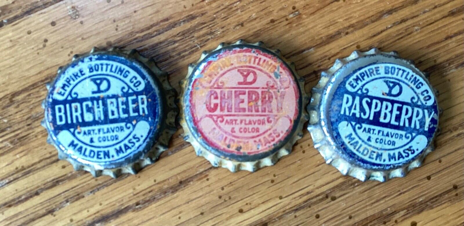 3 Old Soda Bottle Caps Cork Back Crowns Malden Mass Empire Bottling Diff Flavors