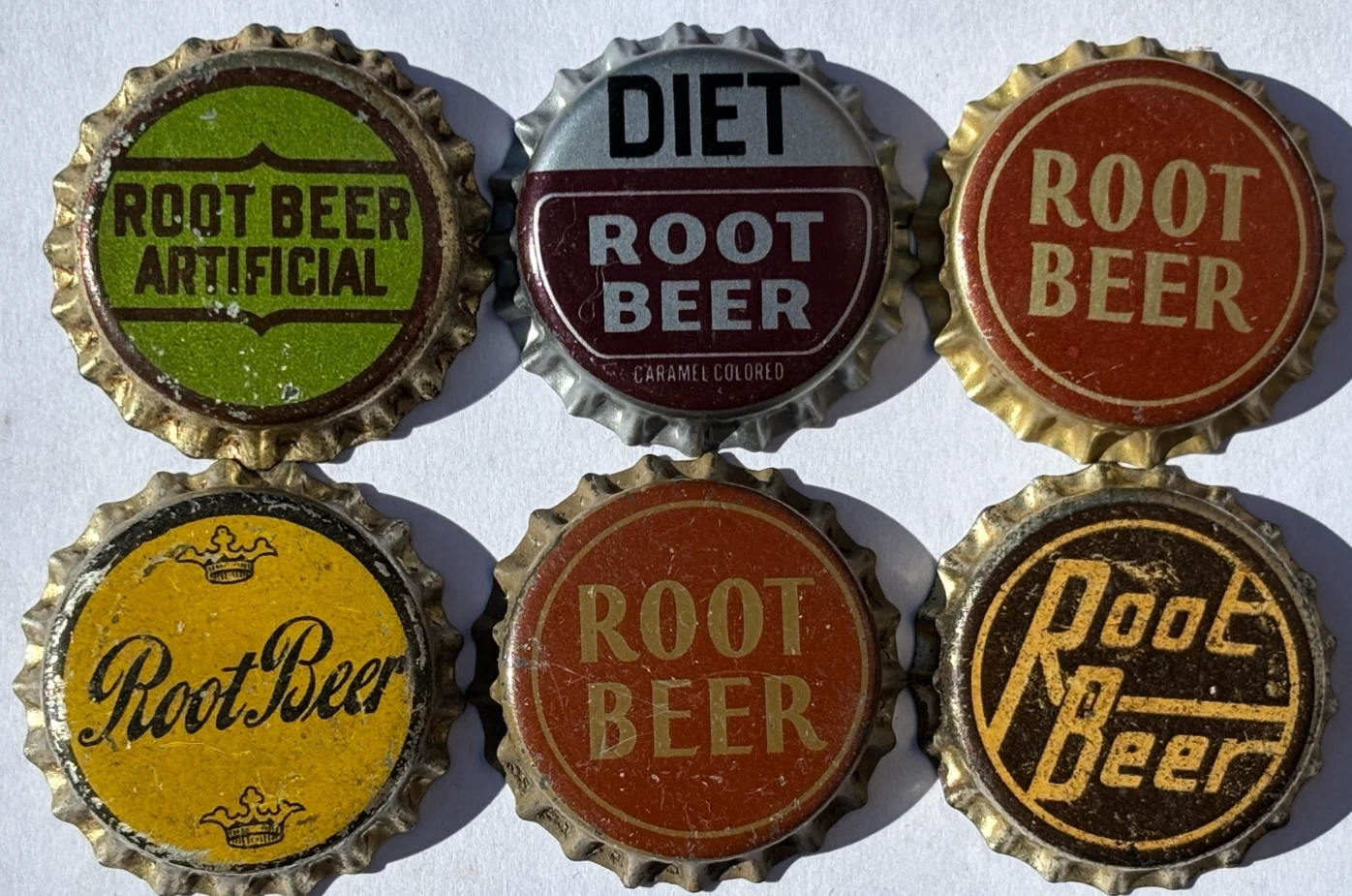 6 DIFF. ROOT BEER SODA BOTTLE CAP FLAVOR CROWNS; UNCRIMPED CORK-LINED