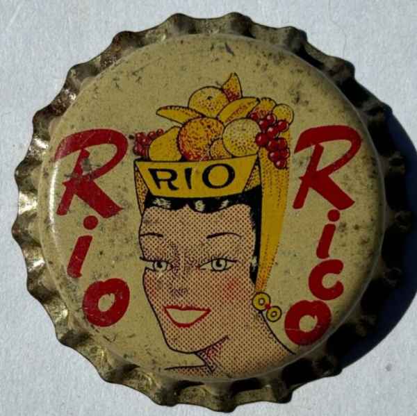 RIO RICO SODA BOTTLE CAP; UNUSED USA CORK-LINED CROWN, lady with fruit hat