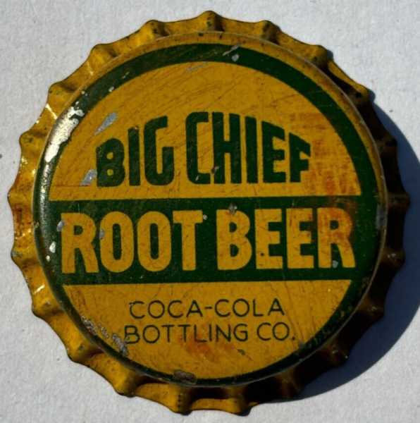 BIG CHIEF ROOT BEER SODA BOTTLE CAP; COCA-COLA BOT. CO.; UNUSED CORK-LINED CROWN