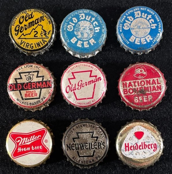 9 CORK BEER BOTTLE CAPS OLD GERMAN OLD DUTCH NATIONAL BOHEMIAN HEIDELBERG CROWNS