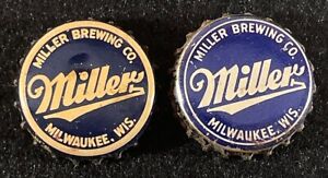 2 dif MILLER "SCRIPT LOGO" CORK LINED BEER BOTTLE CAP MILWAUKEE WISCONSIN CROWNS