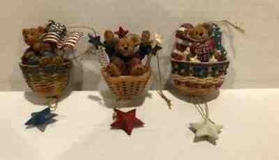 Boyds Bears Bearstone Longaberger Basket Lot of 3 Americana Bear Resin Ornaments