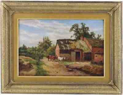 Cattle in a Farmyard Antique Oil Painting by Charles Wilde (British, 1856-1905)