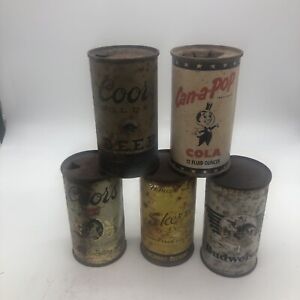 Lot 5 VTG Steel Lid Cans Coors Budweiser Sheridan Can-a-Pop Beer Cola Decor Bar
