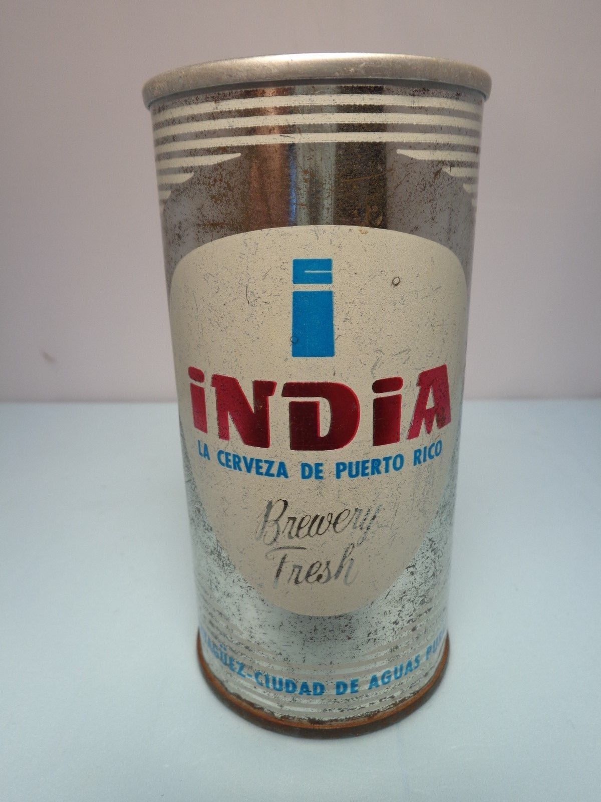 INDIA LA CERVEZA DE PUERTO RICO 10oz. STRAIGHT STEEL PULL TAB BEER CAN  #17