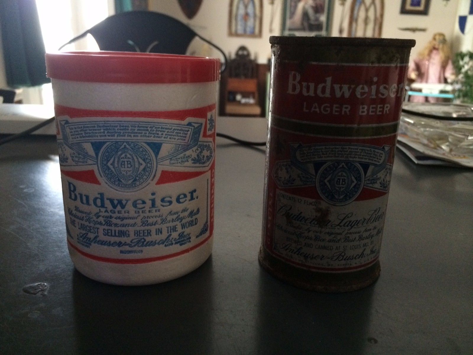 Budweiser Beer~Vintage Flat Top Can & Styrofoam Koozie