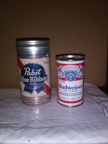 Pabst Blue Ribbon Unopened 7 Ounce Beer Can and Budweiser lighter holder