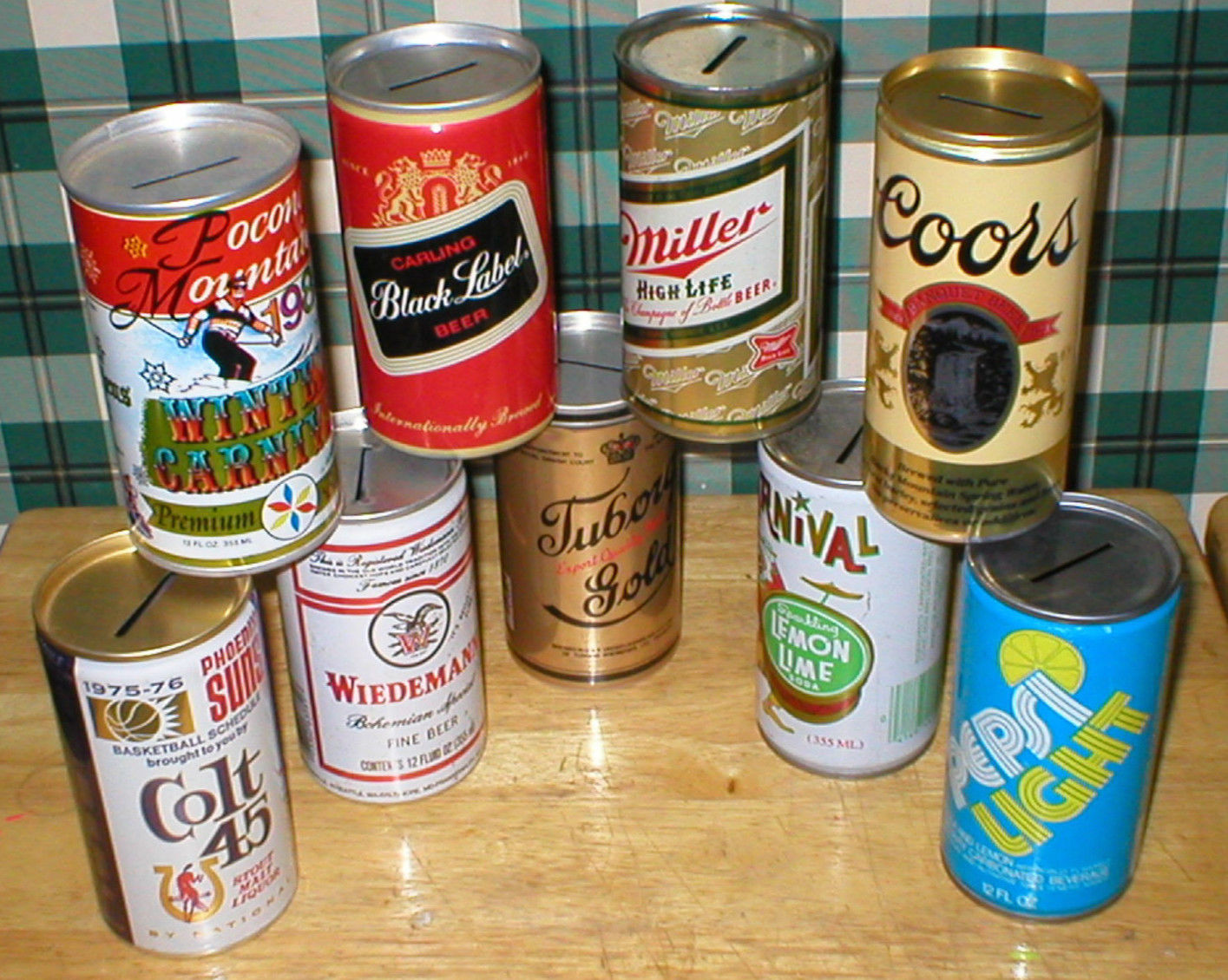 ? 9 Beer Can BANK Collection Tuborg Miller Yuengling Pepsi Colt 45 Black Label