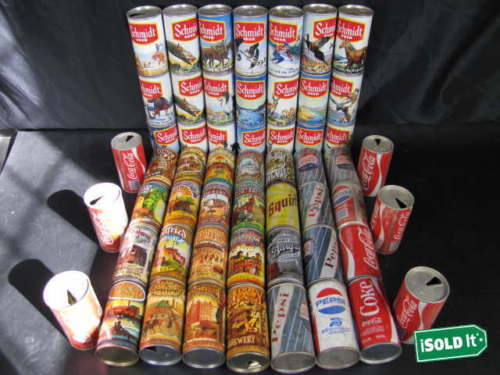 55 VINTAGE BEER SODA CAN LOT AMERICAN BREWER PEPSI COKE SQUIRT SCHMIDT BARQ'S 