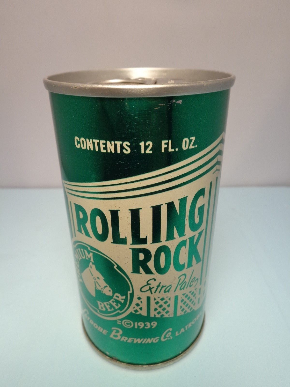 ROLLING ROCK"33" STRAIGHT STEEL PULL TAB BEER CAN #116-15 OLD LATROBE, PA. HORSE